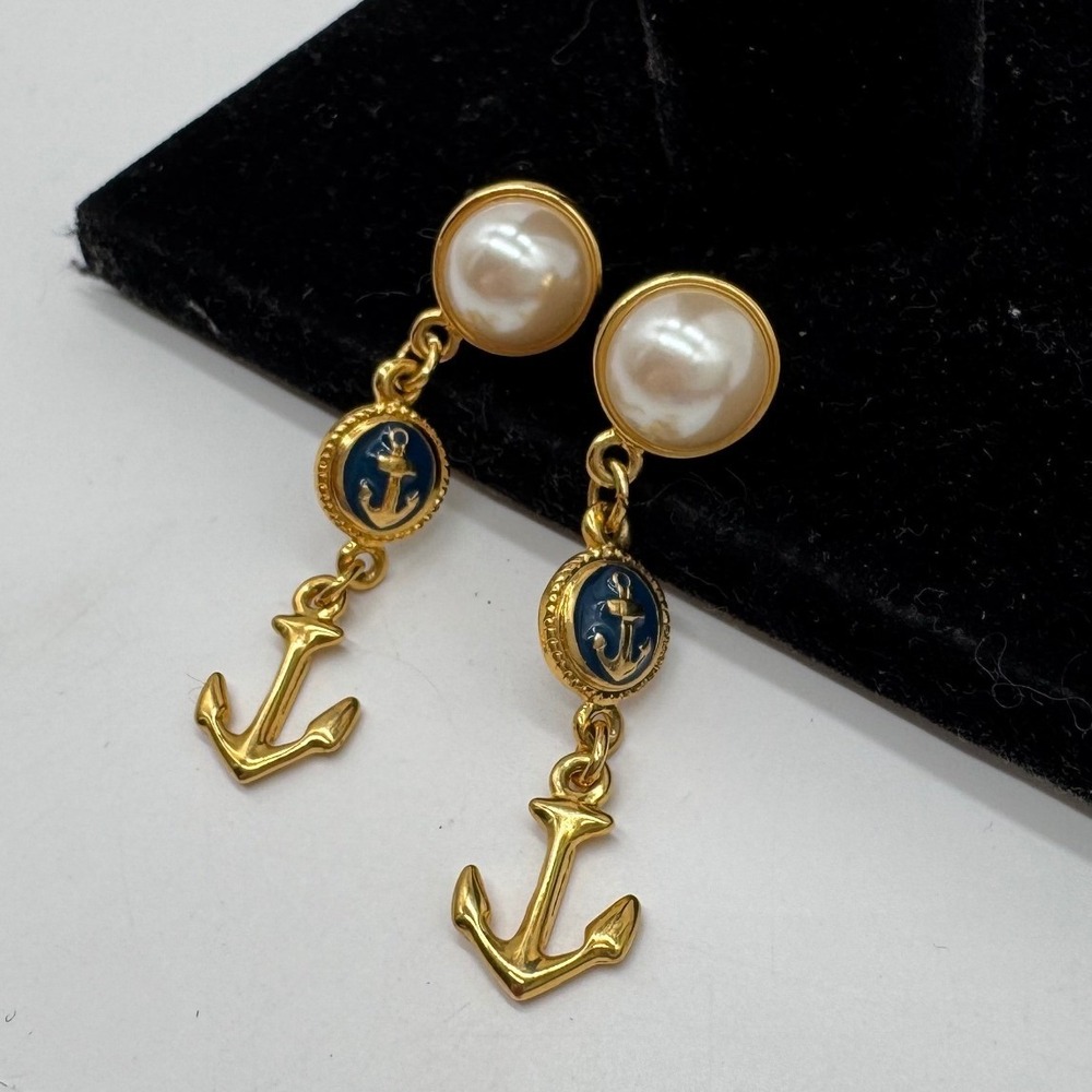 Marvella Vintage Nautical Anchor Drop Earrings Faux Pearl Blue Enamel Gold Tone